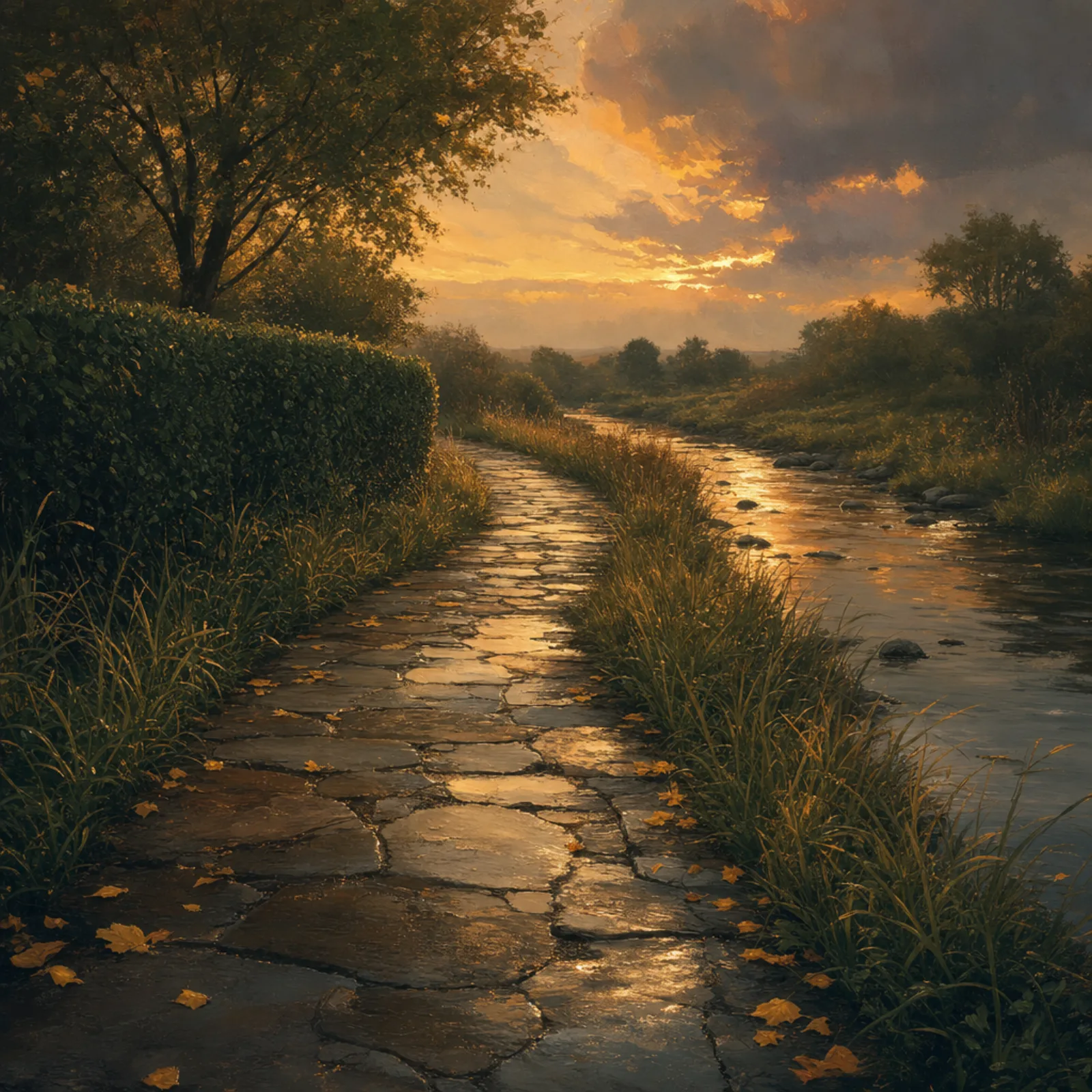 A stone garden path winding through tall grasses at dusk, a slow stream catching copper and gold light beside it.