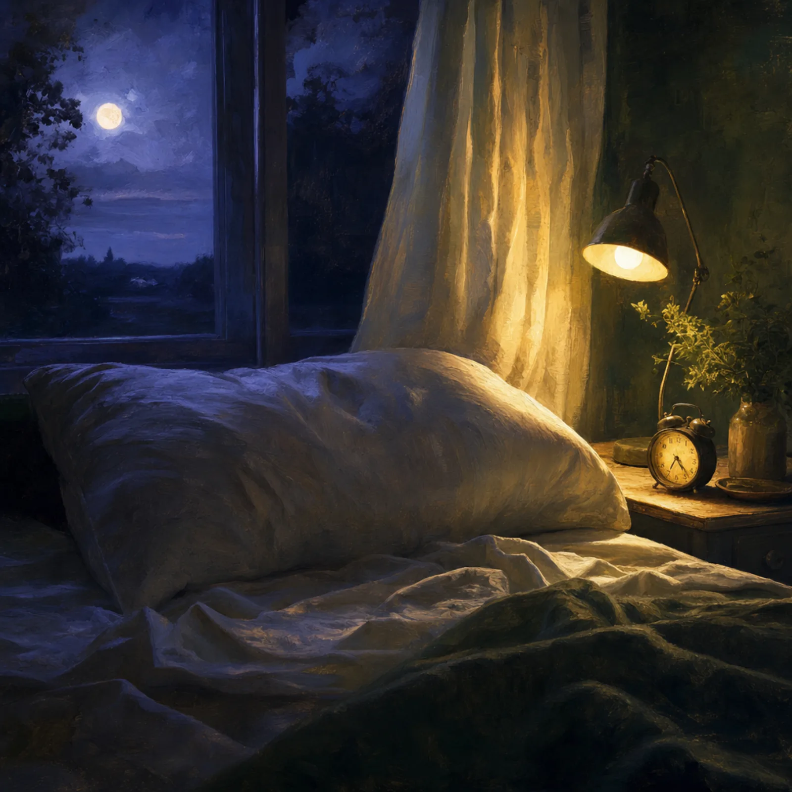 A single rumpled linen pillow on an unmade bed in deep moonlight, a shaft of warm lamp light cutting through a half-drawn curtain.
