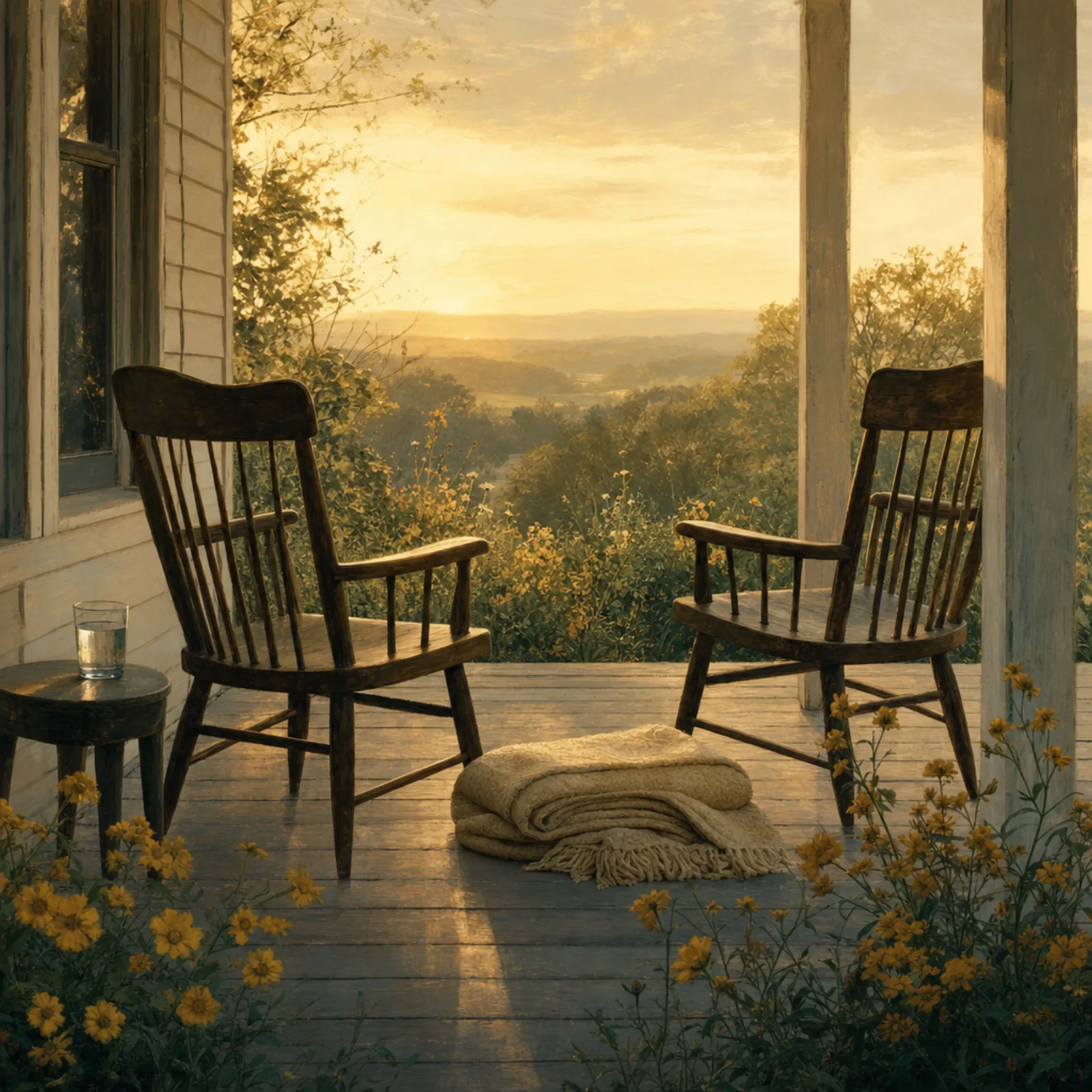 Two empty wooden chairs facing each other on a quiet porch at golden hour, a folded blanket between them and wildflowers at the porch edge.