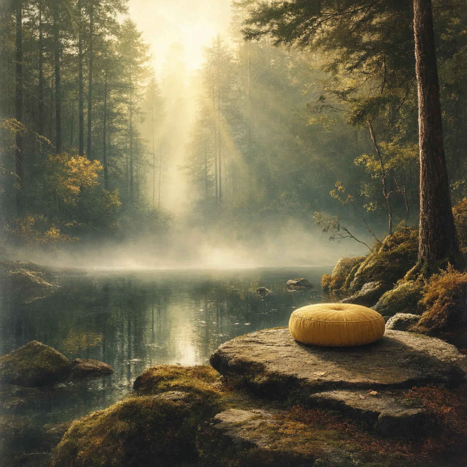 A still, dark forest pool at first light, mist hovering above the surface, a single round meditation cushion on a flat rock at the water's edge.