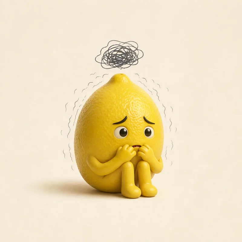 Anxious lemon curled up with worry cloud
