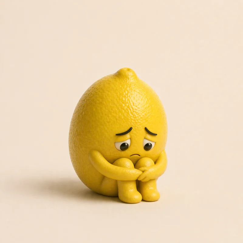 Lonely lemon sitting alone, hugging knees