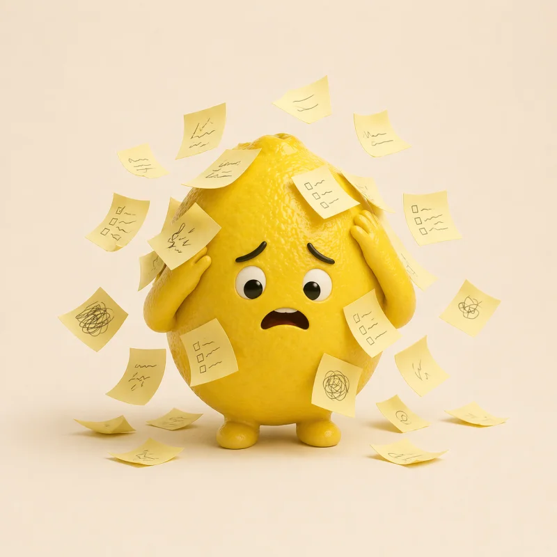 Overwhelmed lemon with sticky notes flying everywhere