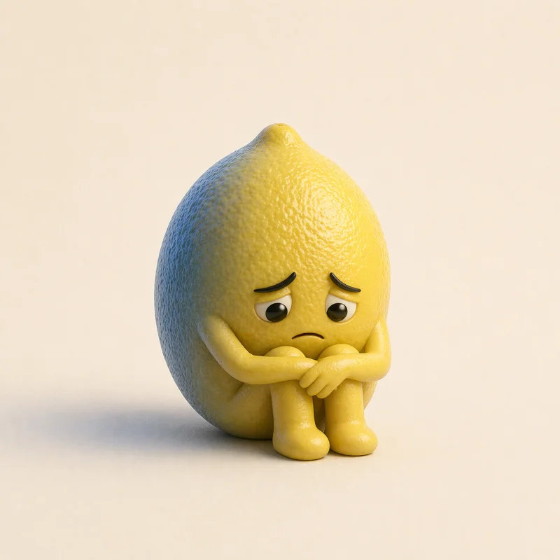 Sad lemon with blue tinge, sitting curled up